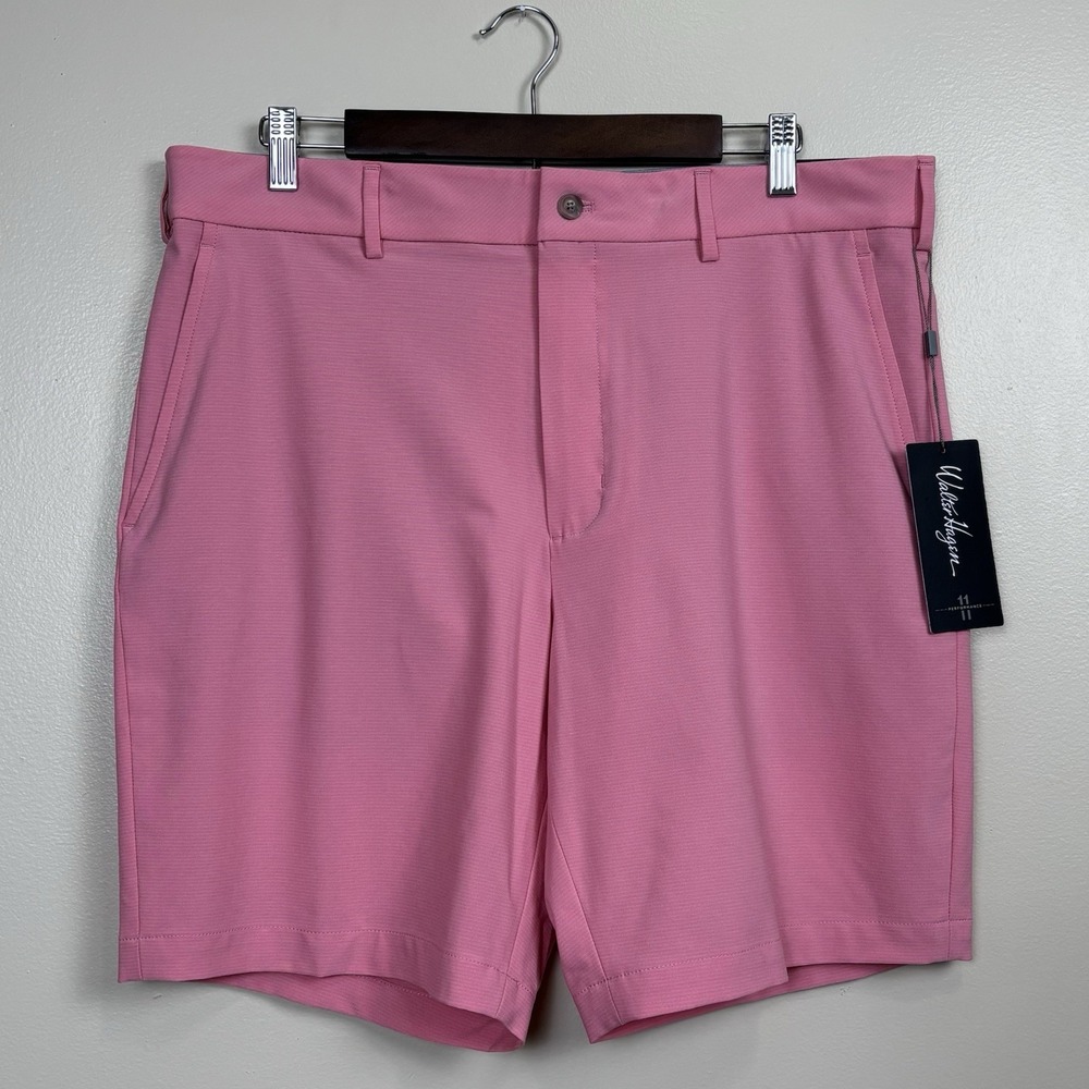 Walter Hagen Shorts Mens 36 Pink‎ P11 Micro Lines Flat Front 9" Inseam Perf Golf